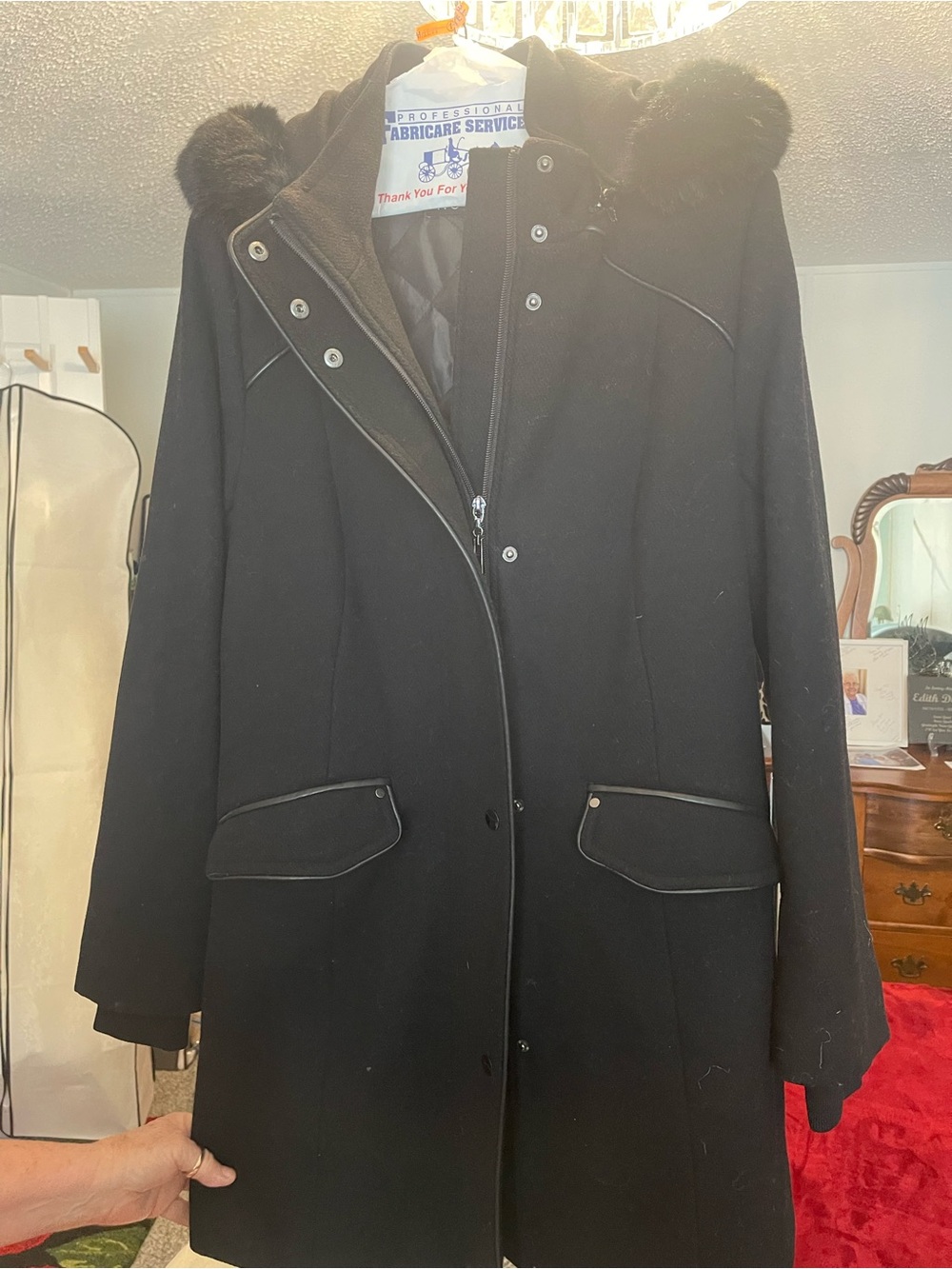 Women's Black Wool Blend Coat with Faux Fur Trim